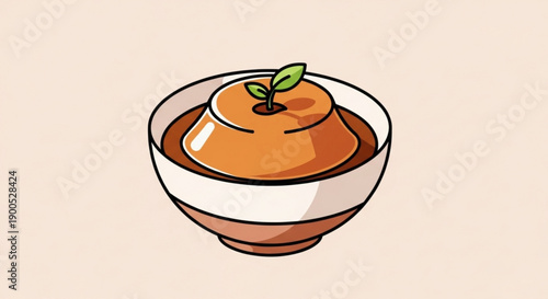 Delicious dessert bowl with caramelized fruit and green leaves on top served in a white and brown ceramic bowl on a beige background