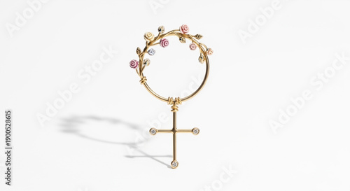 Gold venus symbol pendant with floral wreath and gemstones on white background