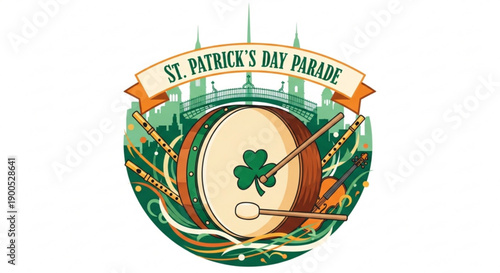St patrick's day parade emblem with shamrock drum and celtic castle background