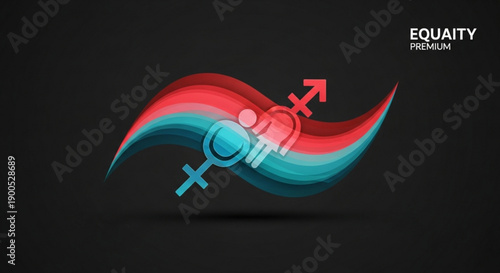 Equality premium symbol with gender signs on gradient wave background