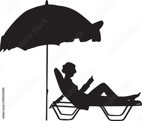 Print A black silhouette shows a person lying on a lounge chair under a large beach umbrella, engrossed in reading a book, evoking relaxation and leisure.