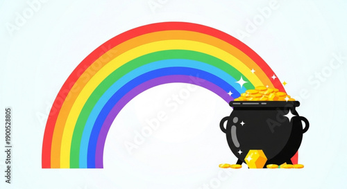 Black cauldron filled with golden coins under colorful rainbow on white background illustration