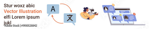 Language services, communication technology, translation tools, global connections, multilingual platforms, digital collaboration. Diagram with letters, person using devices, and speech bubbles