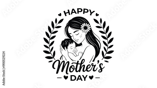 Happy mother’s day vintage black and white emblem with mother and child illustration surrounded by laurel wreath for greeting cards, posters, logos and celebration designs