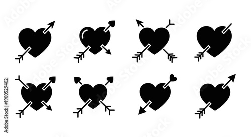 Multiple black heart shapes pierced by arrows in various orientations