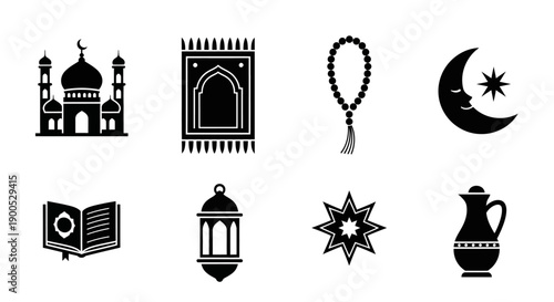 Islamic symbols and religious objects in a black and white illustration