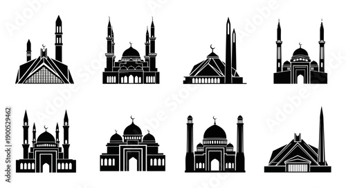 Collection of black silhouette islamic mosque building icons and architectural designs