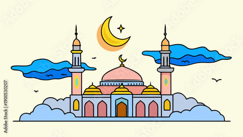 Whimsical mosque illustration under a moonlit sky
