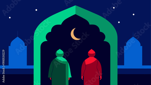 Ramadan night with silhouetted figures and mosque arches