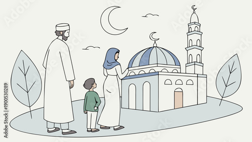 Family visiting mosque during eid celebration