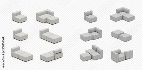 Isometric set of modern gray modular sofas and armchairs, isolated on transparent background, for contemporary living room interior design.