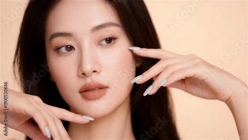 頬に手を添えるミントカラーネイルの美しい女性