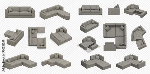Set of gray modular sofas and couches in various angles and configurations for home interior design.