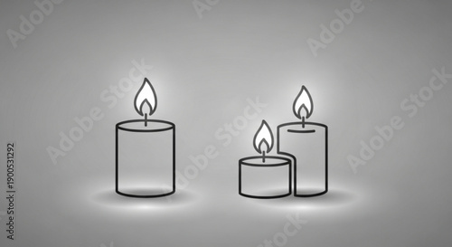 Three lit candles with bright flames on a gray background symbolizing warmth and serenity in a peaceful atmosphere