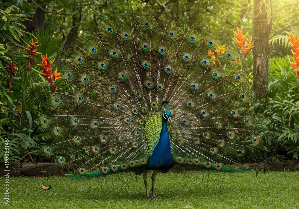 Obraz premium Peacock displaying plumage in garden