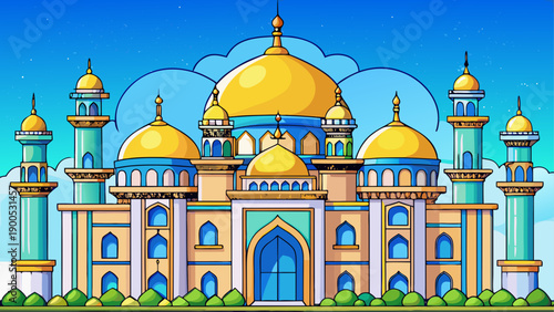 Vibrant islamic mosque with blue and gold accents