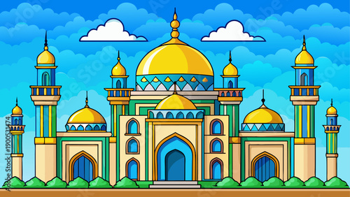 Vibrant cartoon mosque with blue and gold details