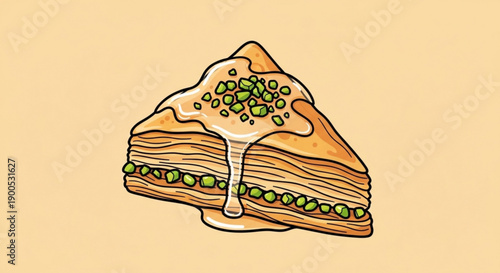 Illustration of layered cake slice with green filling and white sauce on beige background perfect for dessert concepts