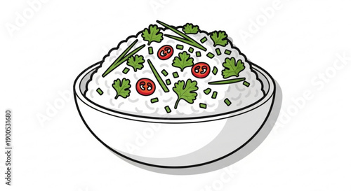 Delicious bowl of white rice topped with fresh herbs and tomatoes healthy food concept