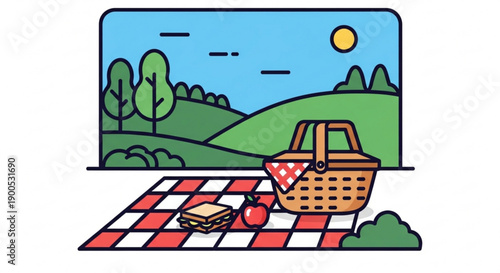 Outdoor picnic setup with wicker basket sandwiches apples on red and white checkered blanket sunny green hillside background