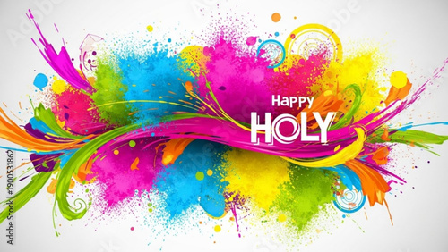 Vibrant holi celebration background with colorful paint splashes and happy holy text on white