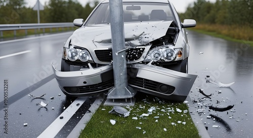 Damaged silver car crashed into metal road pole accident