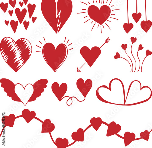Collection of red hearts in various styles and arrangements on a white background