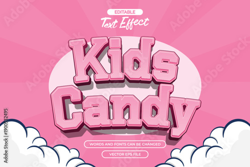 Kids candy editable text effect with pink cartoon text style and with cloud decoration