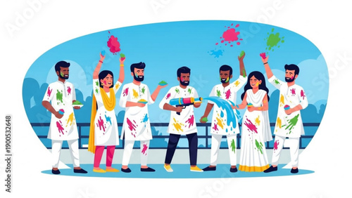 Diverse group of people celebrating holi festival with colorful powders joyful expressions and vibrant clothing in a lively outdoor setting with a blue background