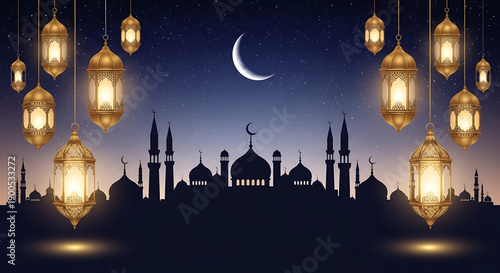 Ramadan kareem background with mosque silhouette hanging lanterns and crescent moon at night