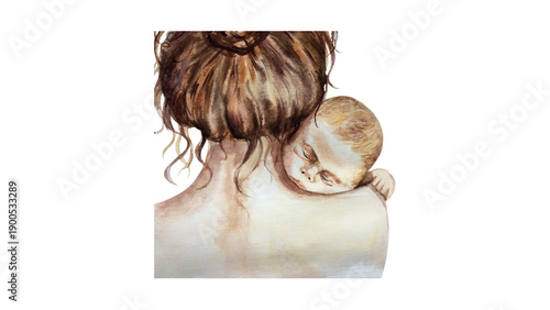 Back View of Mother Carrying Sleeping Baby on Her Shoulder Watercolor