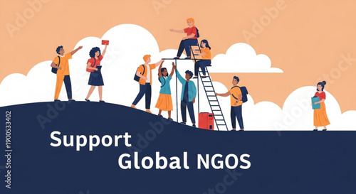 People supporting global ngos and charities on a hill with clouds teamwork and social responsibility concept