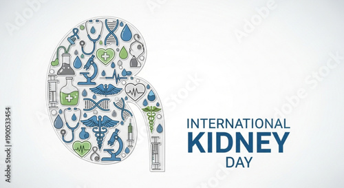 International kidney day awareness graphic with kidney shape filled with medical symbols and icons on white background