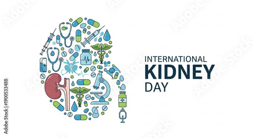 International kidney day awareness illustration with kidney shape made of medical symbols and icons on white background