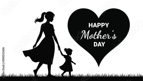 Happy mother’s day silhouette illustration of loving mother and child holding hands with heart shape isolated on white background celebrating family love