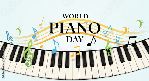 World piano day celebration with musical notes and piano keys on a light background