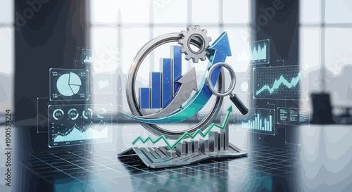 Futuristic visualization of business growth analysis featuring holographic charts magnifying glass and mechanical gear symbolizing data driven improvement strategies