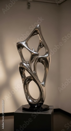 Highly polished metallic abstract form rests upon a dark pedestal inside a dimly lit gallery space