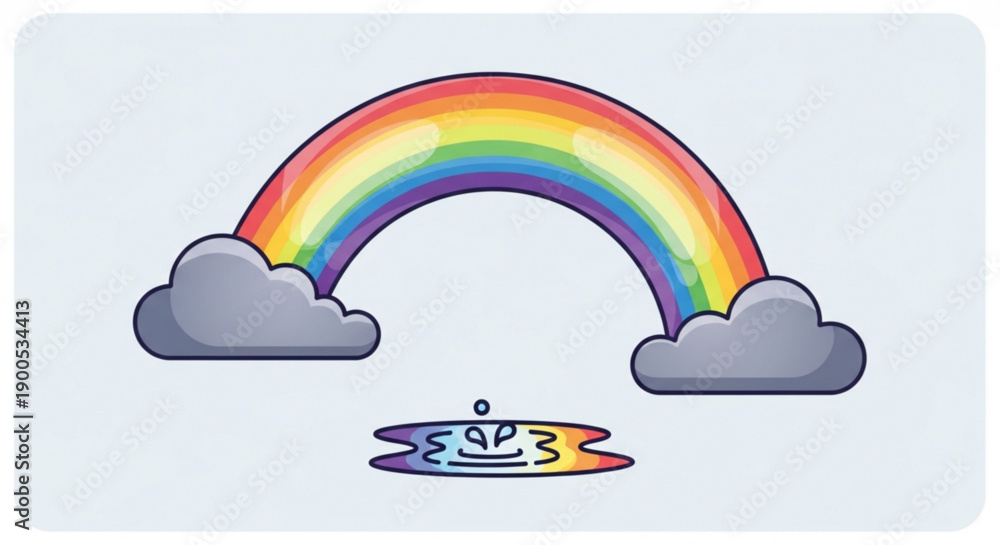Fototapeta premium Colorful rainbow with clouds and puddle reflection on gray background symbolizing hope and serenity in nature