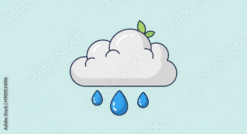 Cartoon rain cloud with green leaf and raindrops on light blue background symbolizing spring weather