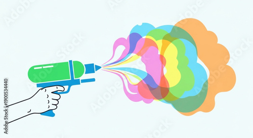 Colorful Spray Bottle Splashing Rainbow Colors, Hand Holding Spray Bottle, Isolated on White Background