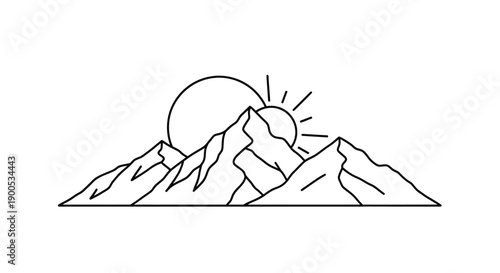 Minimalist line art illustration depicting majestic mountain peaks silhouetted against a rising sun design element perfect for outdoor themes