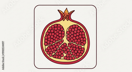 Pomegranate fruit illustration cut open showing red seeds inside on a white background with rounded square border