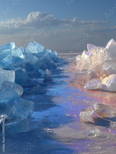Vibrant Ice Formations Under Bright Blue Sky at Sunrise
