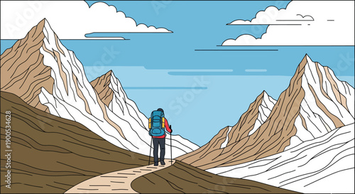 Hiker with large backpack and trekking poles walks along a narrow mountain path surrounded by towering, snow-capped peaks under a bright blue sky