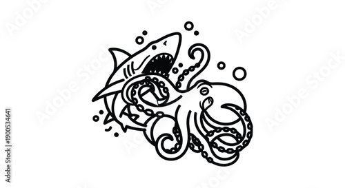 Minimalist black and white line art illustration depicting a fierce battle between a predatory shark and an octopus entangled in the deep ocean water.