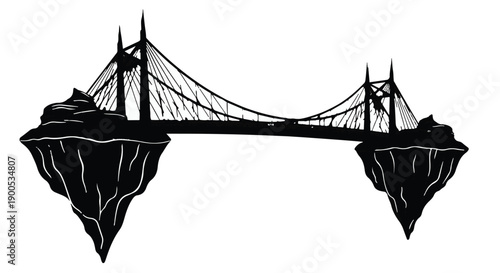 Surreal suspension bridge connecting two floating islands in a dreamlike landscape.