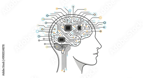 Conceptual illustration depicting a human profile with an integrated circuit board structure inside the brain symbolizing artificial intelligence and advanced thinking processes.