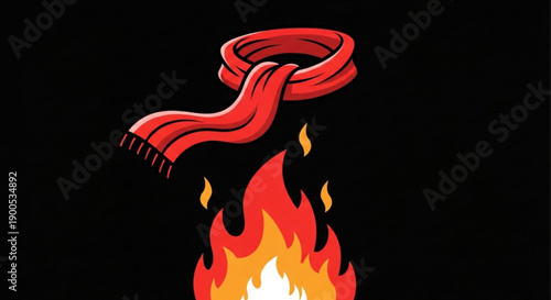 Red scarf on fire with flames isolated on black background symbolizing passion and danger
