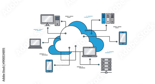 Illustration depicting a centralized cloud computing network connecting various personal and business digital devices including computers servers and mobile phones